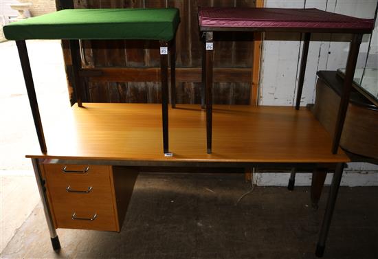 Modern chrome and oak desk & 2 folding card tables(-)